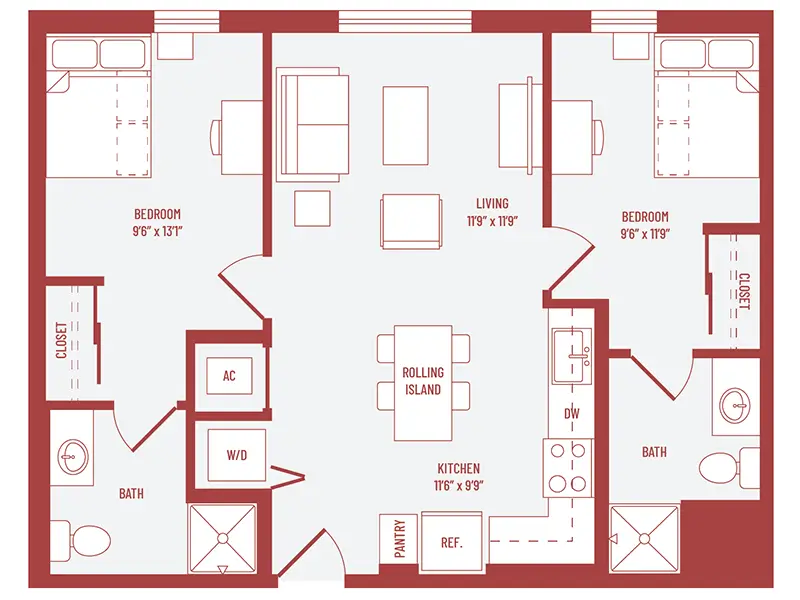 2 bed 2 bath floorplan